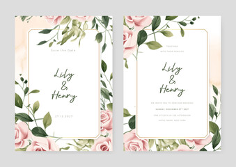 Pink rose vector wedding invitation card set template with flowers and leaves watercolor