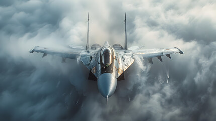 Powerful Fighter Jet Soaring Through Dramatic Cloudy Skies in High-Speed Aerial Maneuver for Editorial Photography and Imagery