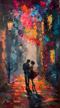 Love Couple in Street Scene Colorful Oil Painting old style Drawing Technique Art HD Print Neo Art V 7 p 26