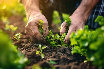 Close-up shot of a Chef's hands gently plucking fresh vegetables from the soil on a sun-kissed farm, reminiscent of Food Network photography - obrazy, fototapety, plakaty