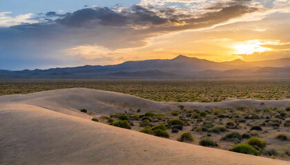 Desert at dusk. Sunset over a vast desert area.