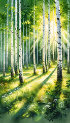 the scenery of a birch forest in summer
