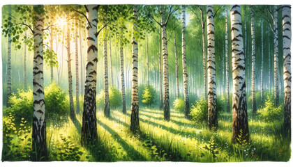 the scenery of a birch forest in summer