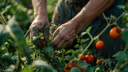 Close-up shot of a Chef's hands tenderly picking ripe produce from the bountiful crops of a farm, captured with the authenticity of documentary photography - obrazy, fototapety, plakaty
