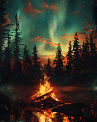 A warm and cozy campfire in the wilderness with forest trees.