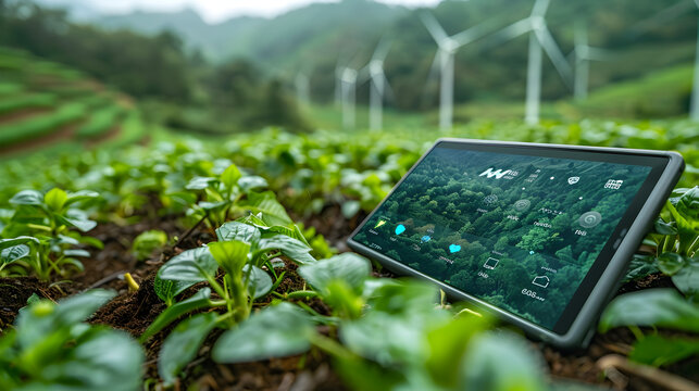 Renewable Energy Investment App with Eco-Friendly Dashboard and Countryside Landscape