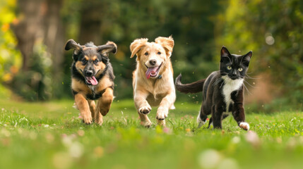 An image of two border collie puppies playing with a ball in a studio setting, featuring a mix of animals including a white cat and a brown chihuahua, all portrayed in a cute and isolated portrait