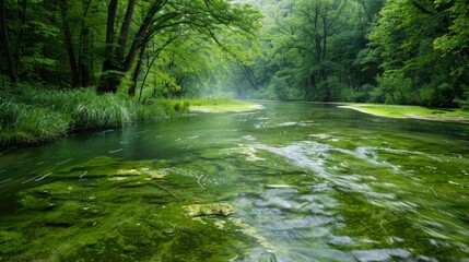 A murky green river flows lazily through a wooded landscape its surface marred by slimy globs of toxic algae. - obrazy, fototapety, plakaty