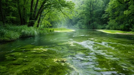  A murky green river flows lazily through a wooded landscape its surface marred by slimy globs of toxic algae. © Justlight