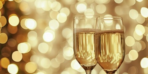 festive champagne glass celebration with golden bokeh background