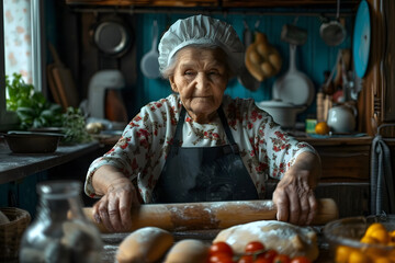An Eastern European grandmother in the kitchen with a rolling pin in her hands prepares dough - obrazy, fototapety, plakaty