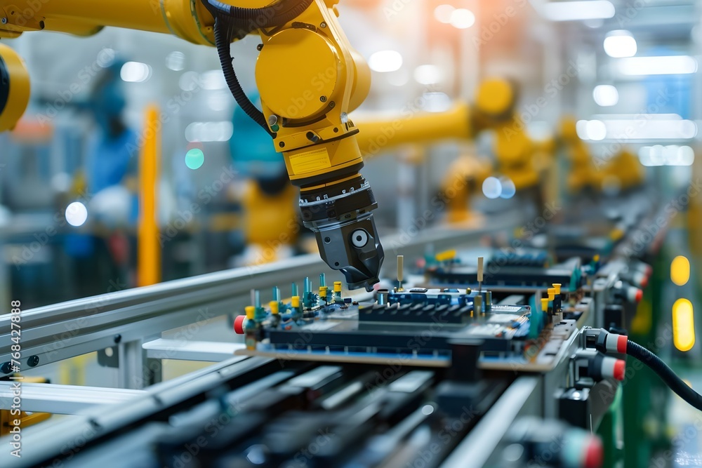 Poster robotic arm assembling electronics on a production line in a hightech manufacturing plant. concept r