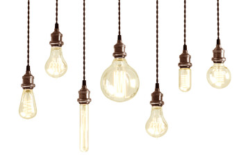 Retro incandescent bulbs of different shapes. Decorative antique edison style filament light bulbs. Realistic vintage glowing light bulbs - Powered by Adobe