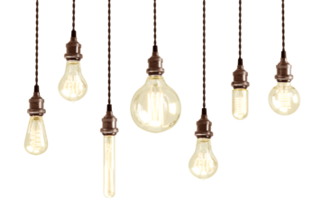 Retro incandescent bulbs of different shapes. Decorative antique edison style filament light bulbs. Realistic vintage glowing light bulbs