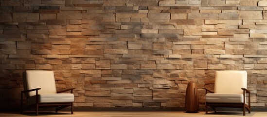 Two brown wooden chairs sit in front of a beige brick wall, the rectangular hardwood flooring complements the brickwork of the building - obrazy, fototapety, plakaty