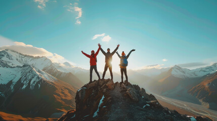 A woman with a backpack celebrating victory and happiness by jumping on the peak of a mountain, surrounded by the vast landscape, symbolizing freedom, success, and the spirit of adventure in hiking an