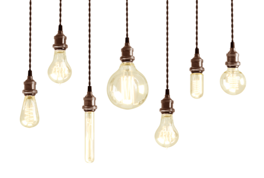 Retro incandescent bulbs of different shapes. Decorative antique edison style filament light bulbs. Realistic vintage glowing light bulbs
