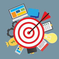 Illustration, board and arrow with icons on target for financial goals, planning timeline and...