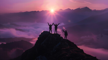 A woman celebrating success on a mountain top, silhouetted against the vibrant orange sky of sunrise and sunset, surrounded by nature's beauty, signifies freedom and adventure in hiking and climbing
