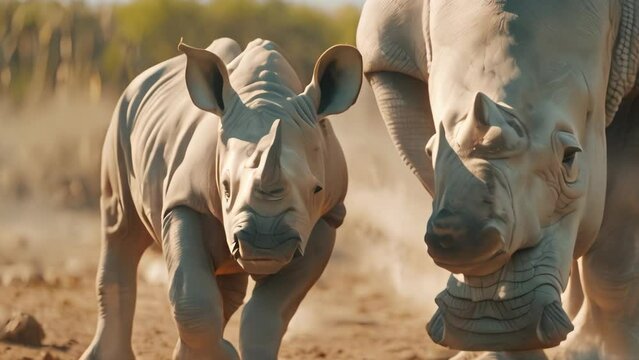mother rhino with her calf. 4k video animation
