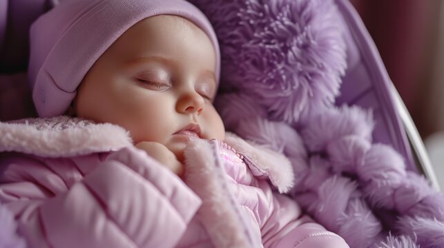 A peaceful baby asleep in a pushchair, isolated against a soft lavender solid color backdrop Serene, comforting.