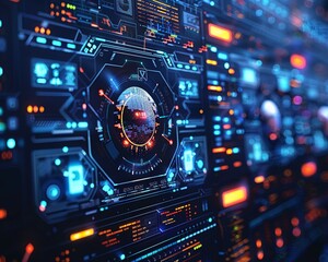 Fototapeta premium Cybersecurity measures on a digital screen, firewall activation, dark room, close view close-up,ultra HD