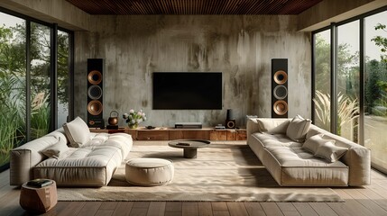 Modern Living Room with Home Theater System and Panoramic Windows