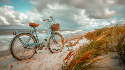 On vacation with a bike. A parked bicycle on the beach by the sea.