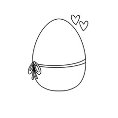 A white egg with a bow around it and two hearts on top. The egg is the center of attention and the bow and hearts add a touch of elegance and charm