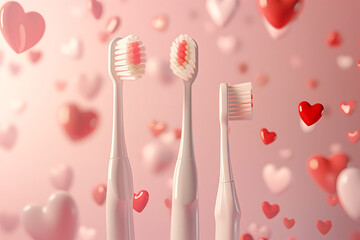 Trio of Toothbrushes Amidst Floating Hearts