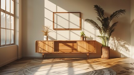 Modern Wooden Sideboard with Decorative Plants in a Sunny Living Room Interior