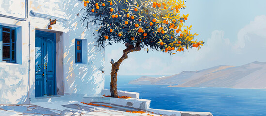 Oil painting of Greek village house with orange tree . Summer landscape - obrazy, fototapety, plakaty