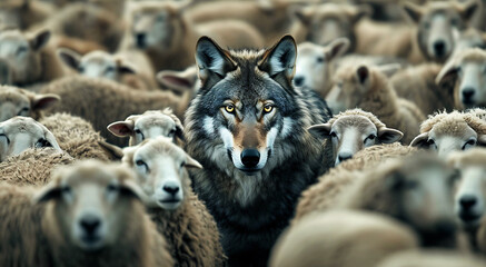 A wolf hides among a flock of sheep, leads the way or waits for the right moment to perform. focus on wolf Concepts of identity and difference uniqueness of others or the simile of hidden risks 