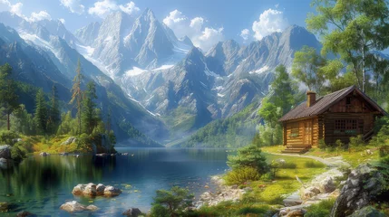 Foto op Canvas Illustration of a mountain landscape with a small hut by a lake © senadesign