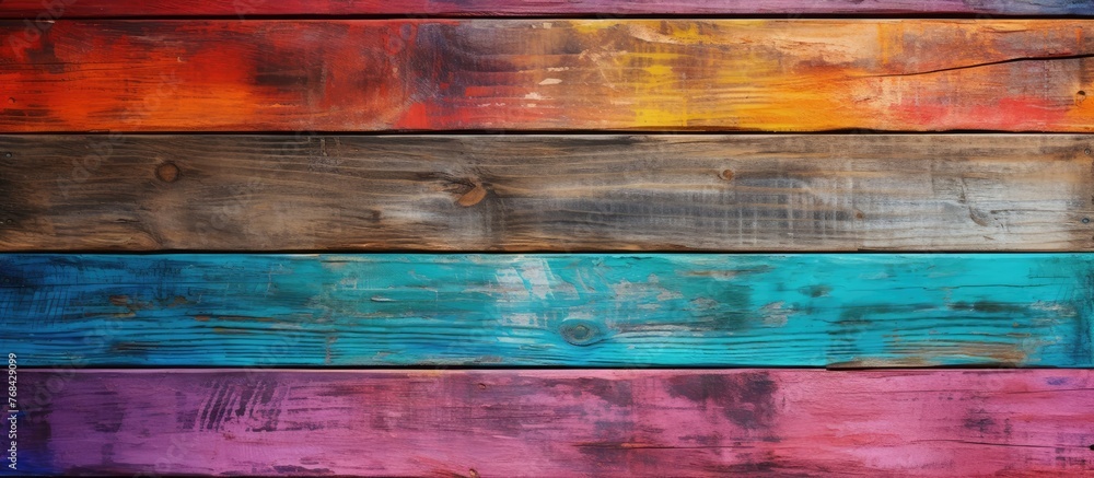 Poster vividly hued timber wall with intricate patterns paired with a smooth wooden base