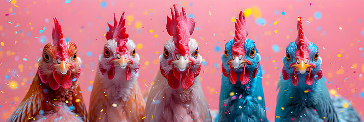  Funny animal fun portrait of crazy chickens self,
A charming group of chickens with bright blue feathers taking a selfie 