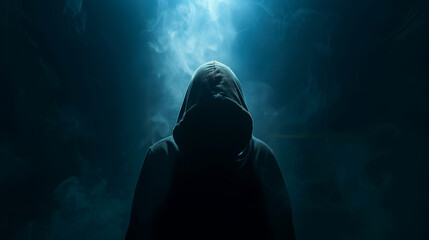 A hacker is wearing a hoodie and standing in a dark background - obrazy, fototapety, plakaty