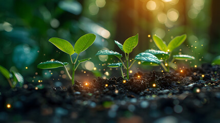 Sustainable Investment Seedlings Sprouting from Coins with Tech-Inspired Overlay