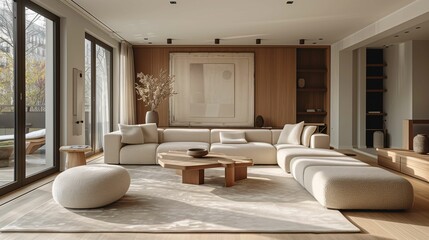 Modern Living Room Interior with Elegant Furniture and Wood Paneling