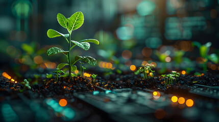 Sustainable Investments:Seedlings Sprouting from Coins with a Tech-Inspired Overlay