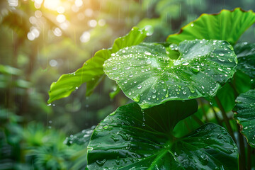 Green tropical leaves with dew drops, in a lush forest. - obrazy, fototapety, plakaty