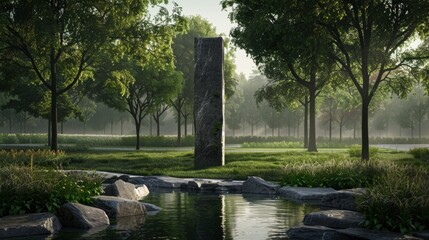 A serene park setting is interrupted by the presence of a massive monolith a symbol of humanitys impact on the natural world.