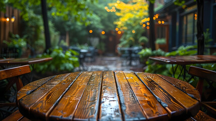 Tranquil Wooden Table in Blurred Street Cafe Terrace with Nature Backdrop