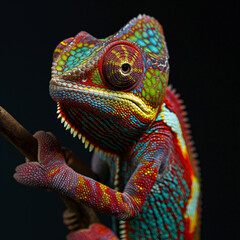 color chameleon on a clean background, red tone, blue tone, mint green tone, brown tone,