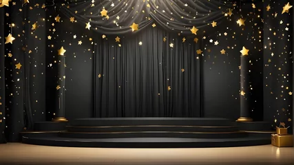 Foto op Plexiglas Graduation class background award party banner with space for writing, black curtain and cascading gold stars on an empty stage, podium or platform for product presentation © Shehzad