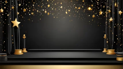 Foto op Plexiglas Graduation class background award party banner with space for writing, black curtain and cascading gold stars on an empty stage, podium or platform for product presentation © Shehzad