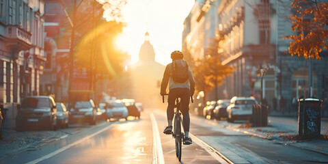 Man bicycle and environmentally friendly transport for commute transportation and travel sunrise, 
 - obrazy, fototapety, plakaty