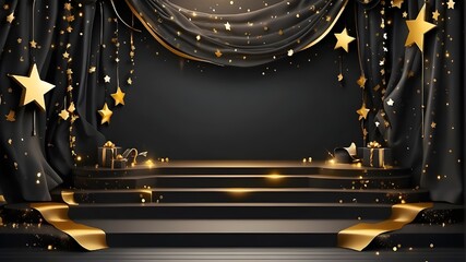 Graduation class background award party banner with space for writing, black curtain and cascading gold stars on an empty stage, podium or platform for product presentation