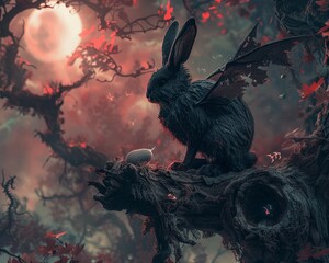 A surreal, fantasyinspired digital painting showing a vampire bunny with batlike ears and wings, perched atop a gnarled, ancient tree, overseeing a mystical midnight Easter egg hunt in a realm where n