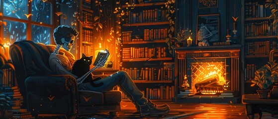 A cozy illustration of a skeleton sitting in a warmly lit study, reading a book with a black cat curled up in its lap, the room filled with bookshelves, a crackling fireplace, and ancient artifacts, c - obrazy, fototapety, plakaty